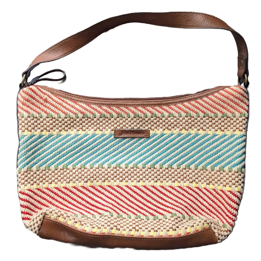 Red, Blue, Cream, and Brown Stripe and Checkered Pattern John Romaine Bag